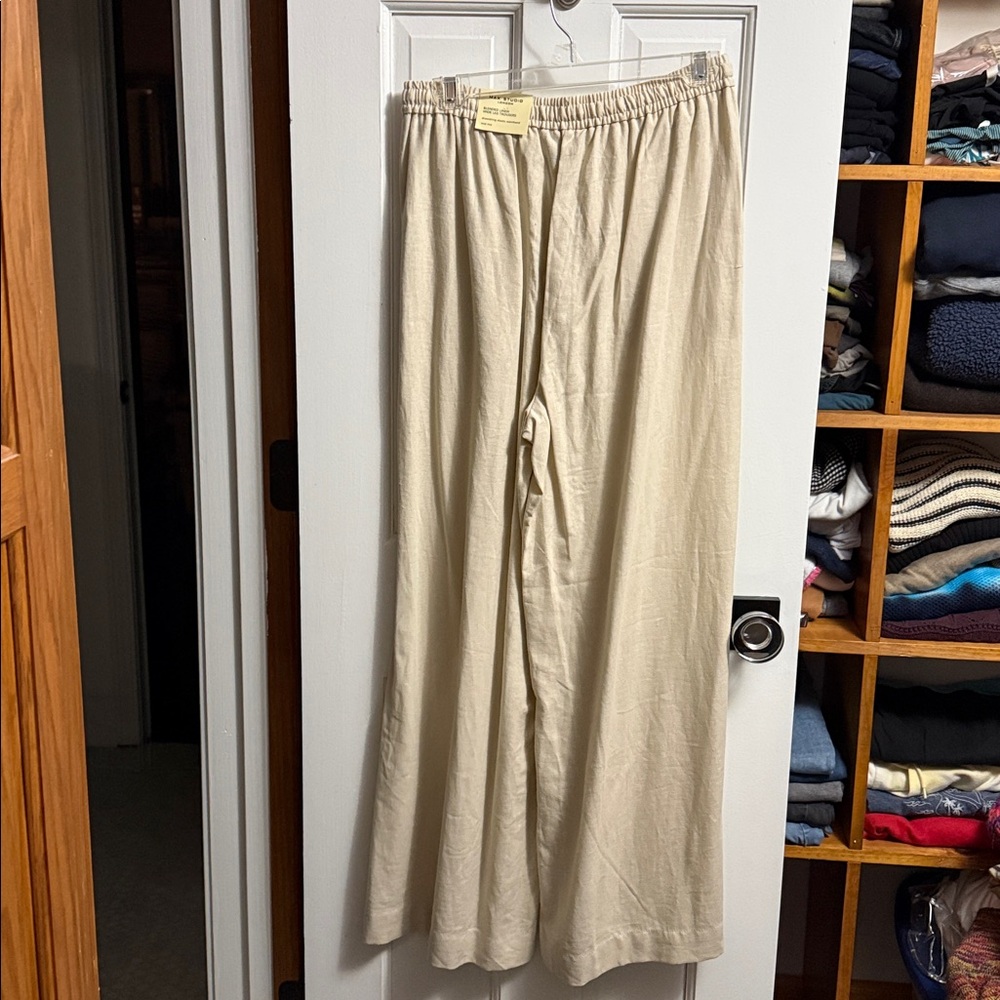 MAX STUDIO LONDON OYSTER LINEN WIDE LEG PANTS DRAWSTRING MID RISE NWT! - Picture 3 of 7